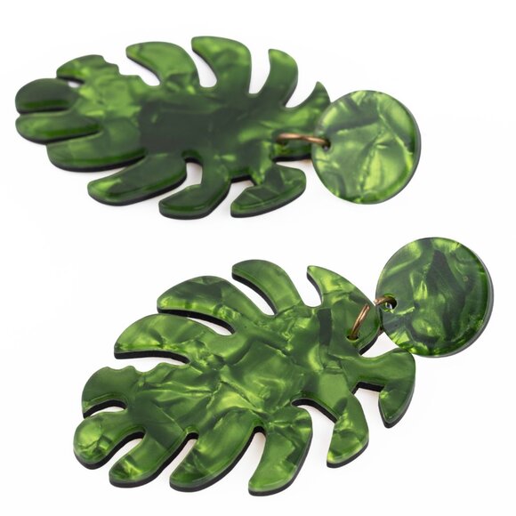 Monstera Leaf Earrings Pearlescent Green Acrylic NWOT - Picture 3 of 5